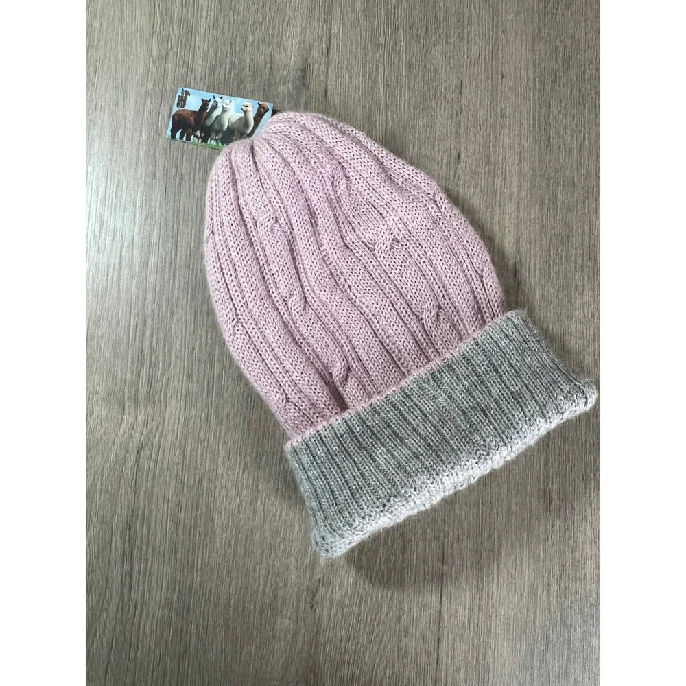 Baby Alpaca Reversible Cable Knit Beanie Pink Gray Made in Peru Winter Hat NWT